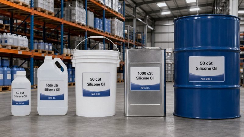 Range of silicone oil packaging options from small HDPE bottles to a 200 L steel drum arranged on an industrial warehouse floor