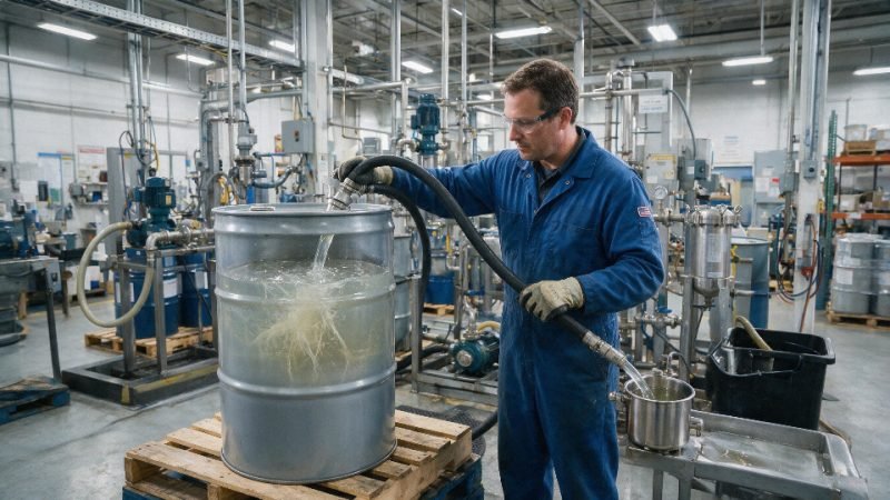 Industrial drum of silicone oil with hazy thickened fluid during plant inspection