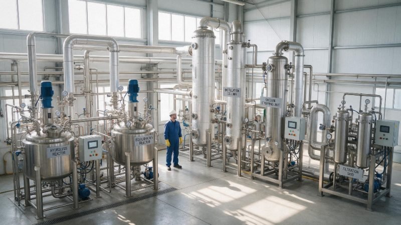 Industrial silicone oil production line with reactors, distillation, and control systems