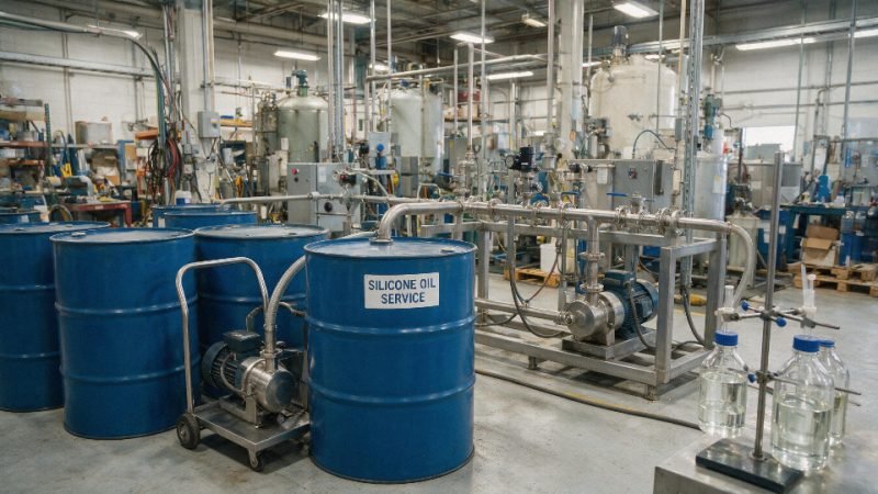 Silicone oil drums and process equipment in an industrial plant
