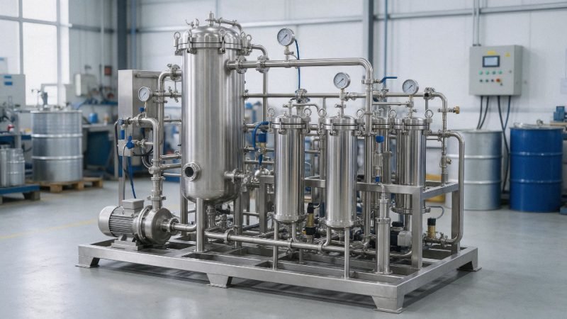 Industrial silicone oil purification skid with filters and vacuum vessel