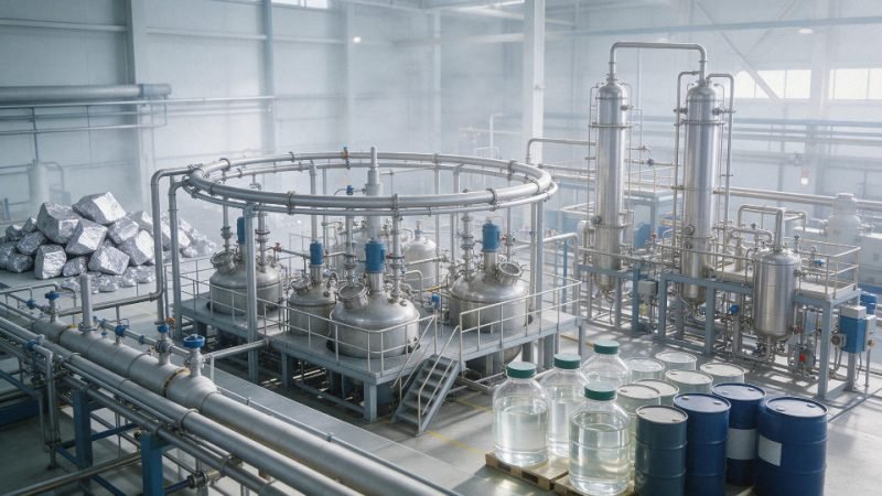 Industrial silicone oil production with silicon metal, methyl chloride, and processing equipment
