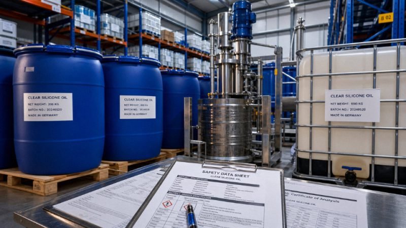 Industrial drums of silicone oil on a warehouse floor with EU REACH compliance documents visible in the foreground