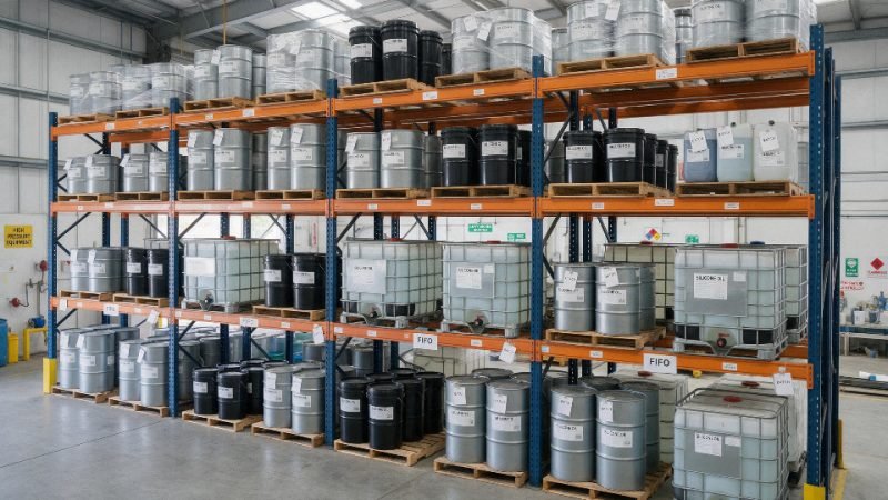 Drums and pails of silicone oil stored in a temperature-controlled warehouse