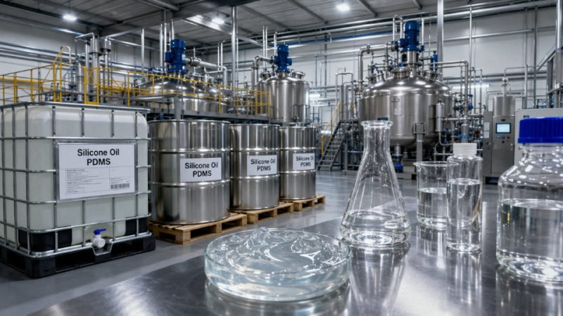 Multiple industrial containers of silicone oil in a chemical manufacturing facility with laboratory glassware in the foreground