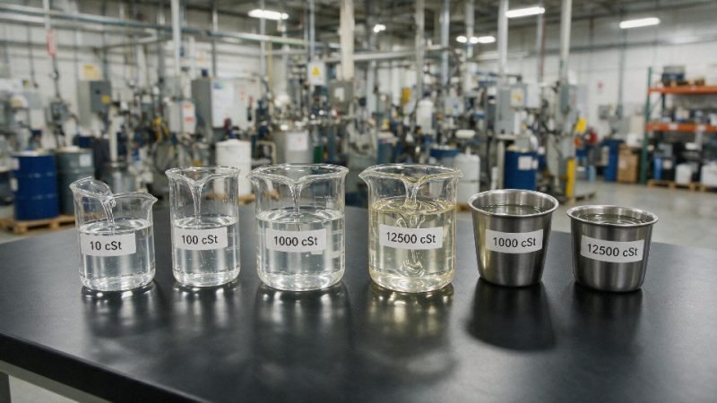 Silicone oil viscosity grades displayed in an industrial quality control setting