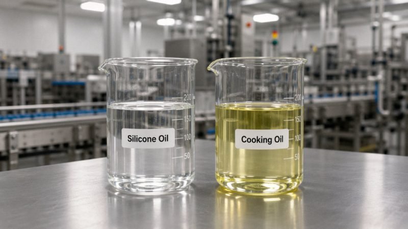 Side-by-side industrial comparison of silicone oil and cooking oil in laboratory glassware on a factory workbench