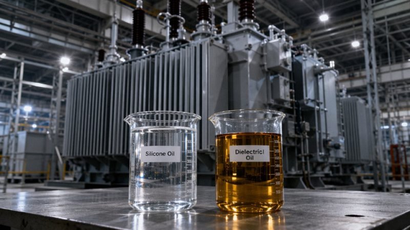 Side-by-side comparison of silicone oil and mineral dielectric oil samples in laboratory glassware next to a high-voltage transformer