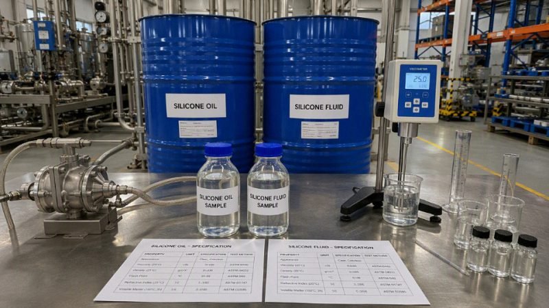 Industrial comparison of silicone oil and silicone fluid containers with testing equipment