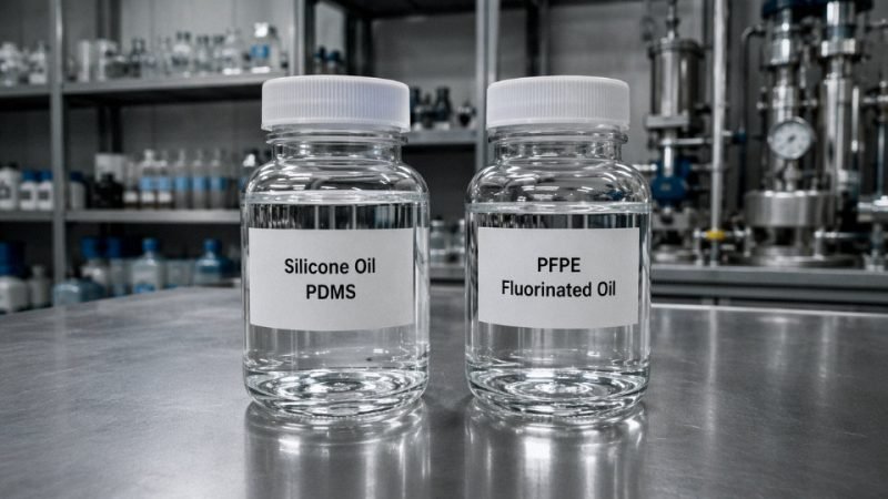 Side-by-side comparison of silicone oil and fluorinated PFPE oil samples in industrial laboratory setting