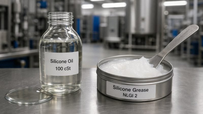 Side-by-side comparison of silicone oil in a clear bottle and silicone grease in an open metal tin on an industrial workbench