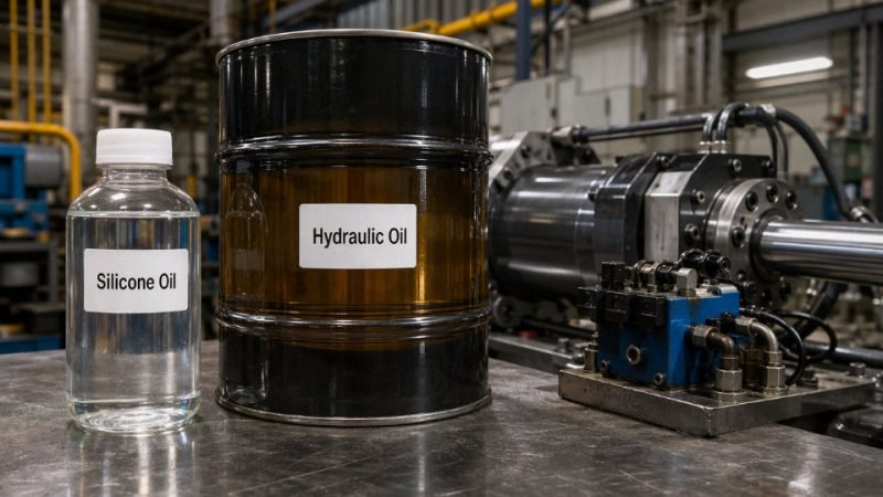 Side-by-side comparison of silicone oil and hydraulic oil in industrial containers next to a hydraulic actuator assembly