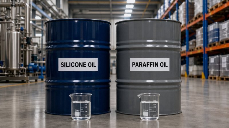 Two industrial drums of clear lubricant oil side by side on a factory floor, representing silicone oil and paraffin oil