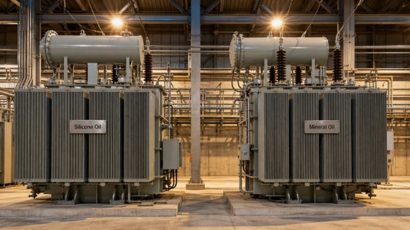 Side-by-side industrial transformers filled with silicone oil and mineral oil in a substation environment