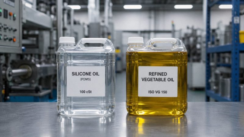 Two industrial lubricant containers side by side — one filled with clear silicone oil and one with amber vegetable oil — on a factory maintenance bench