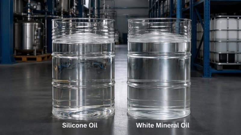 Two identical clear industrial drums side by side — one containing silicone oil, one containing white mineral oil — on a factory floor