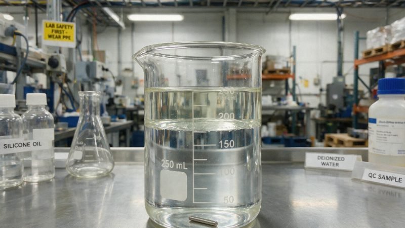 Silicone oil floating as a separate layer above water in a laboratory beaker