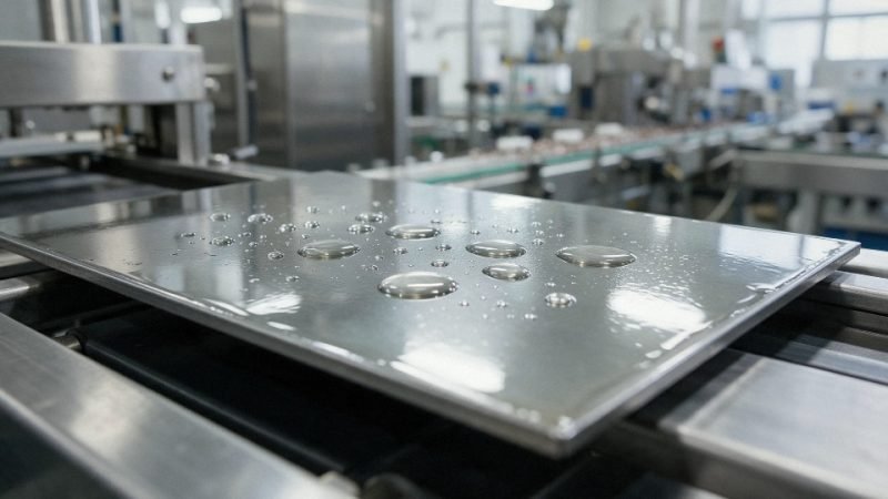 Water beading on a silicone oil coated industrial metal surface