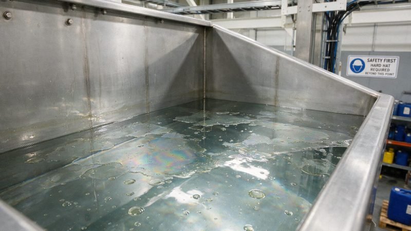 Silicone oil beading and spreading on water in an industrial wash tank