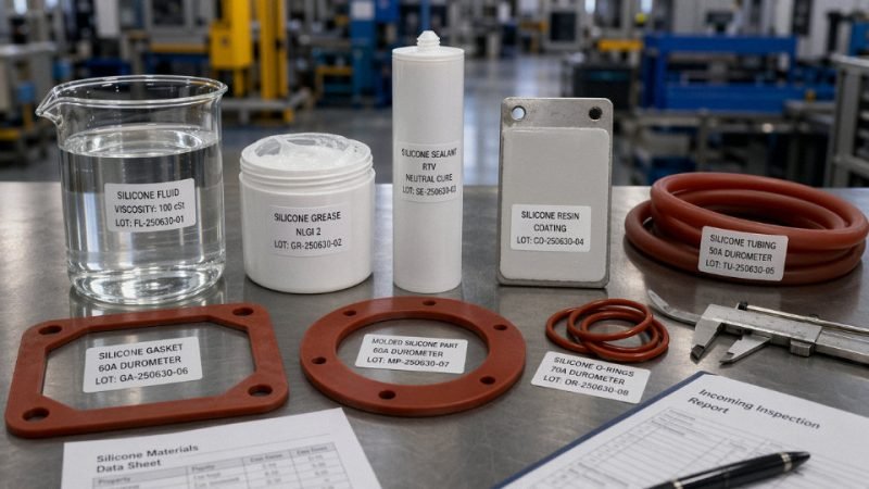 Industrial workbench comparing silicone fluid, sealant, and molded silicone rubber parts.