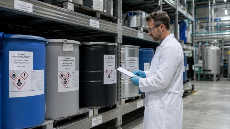Industrial technician inspecting silane coupling agent drums in a chemical warehouse