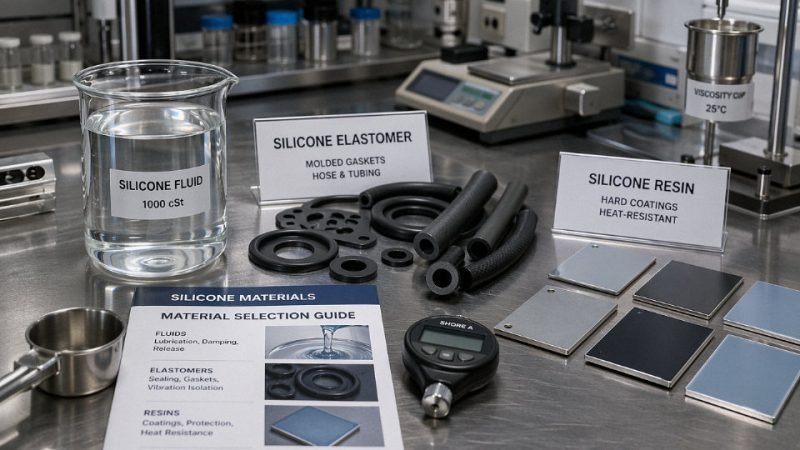 Industrial display of silicone fluid, silicone rubber parts, and silicone resin coating samples