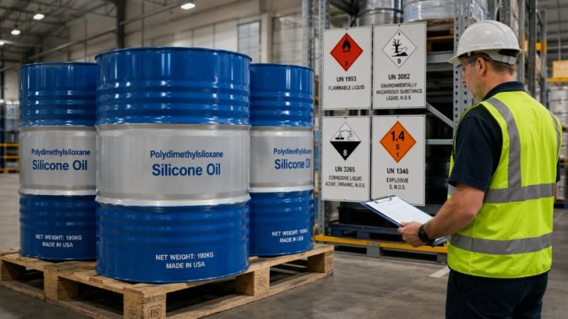 Industrial drums of silicone oil on a warehouse pallet with dangerous goods transport labels visible in background