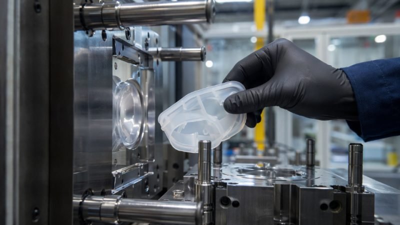 Liquid silicone rubber part being demolded cleanly from a PTFE-coated steel mold insert on an industrial injection press
