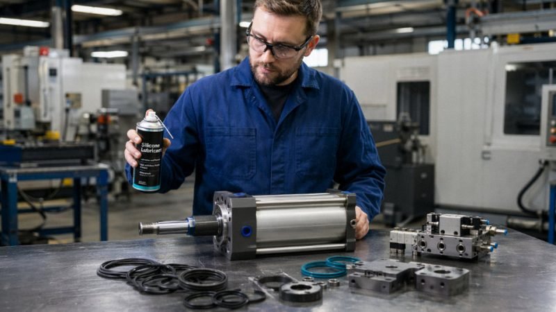 Industrial maintenance technician holding a silicone spray can next to a pneumatic cylinder and rubber seals on a factory workbench