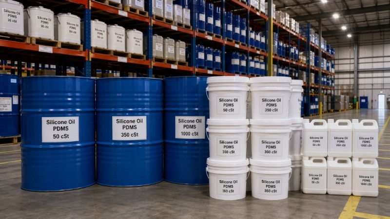 Rows of labeled silicone oil drums and containers of various sizes in an industrial chemical warehouse