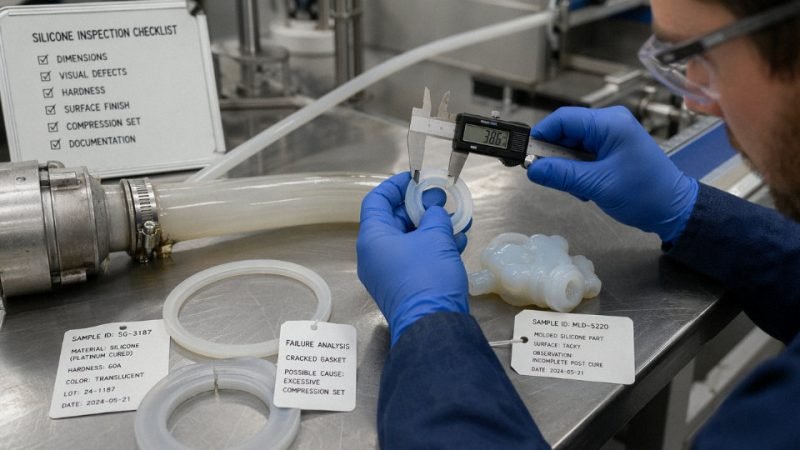 Quality engineer inspecting silicone gaskets and hoses for industrial failure risks